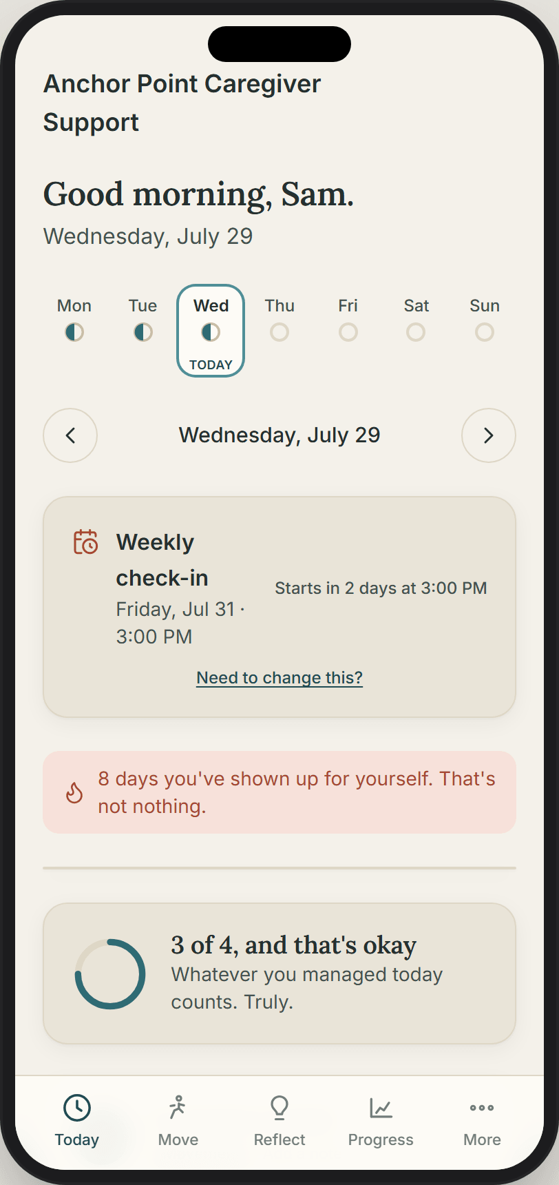 The same daily screen branded for a practice called Anchor Point Caregiver Support, in a teal palette, telling Sam that three of four is okay and whatever they managed today counts.