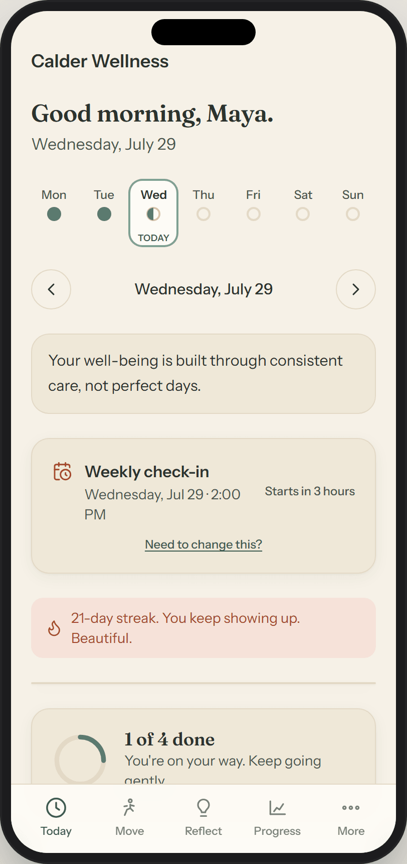 A client's daily screen. A greeting, a week strip showing which days were completed, a quote, the next session, a twenty-one day streak, and a ring showing one of four tasks done with the day's tasks listed under it.